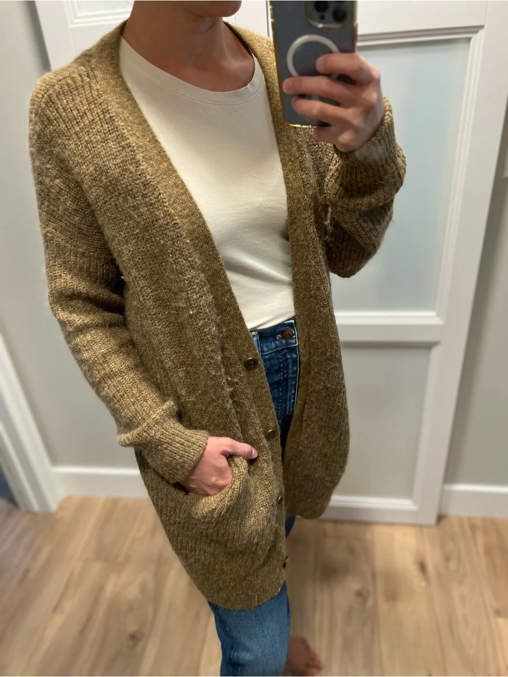 Free People Longline Button Cardigan in Warm Brown
